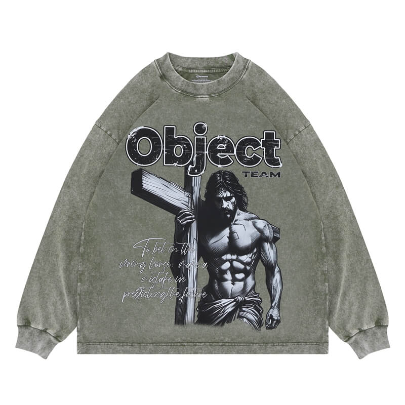 Green vintage wash long sleeve graphic t-shirt flat lay view.