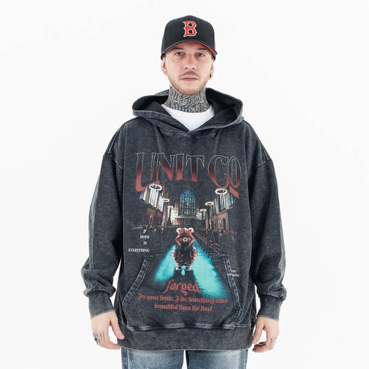 Vintage Wash Oversized Graphic Hoodie - Model Wearing - Front View