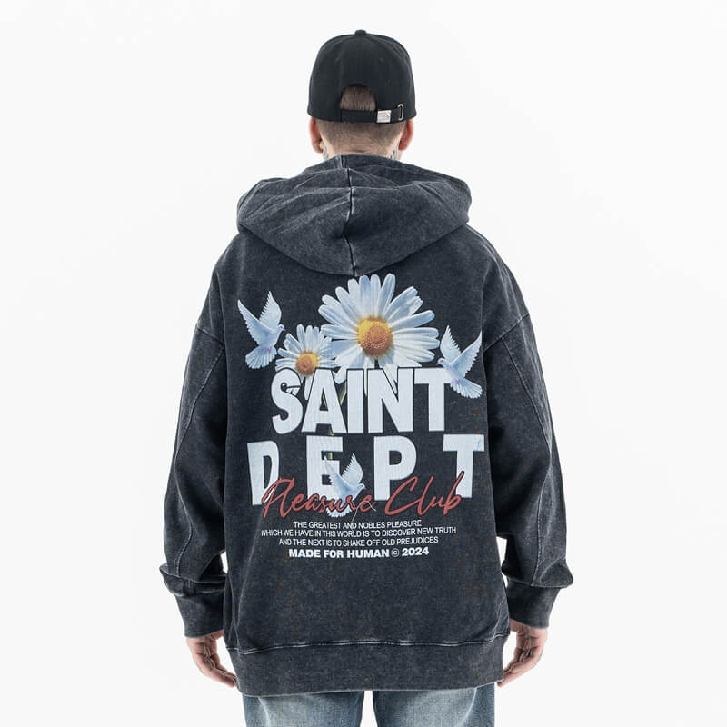 Model wearing back view of vintage wash saint hoodie.