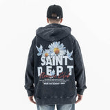 Model wearing back view of vintage wash saint hoodie.