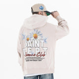 Model wearing back view of vintage wash saint hoodie.