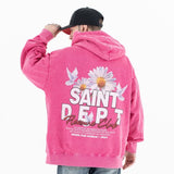 Model wearing back view of vintage wash saint hoodie.