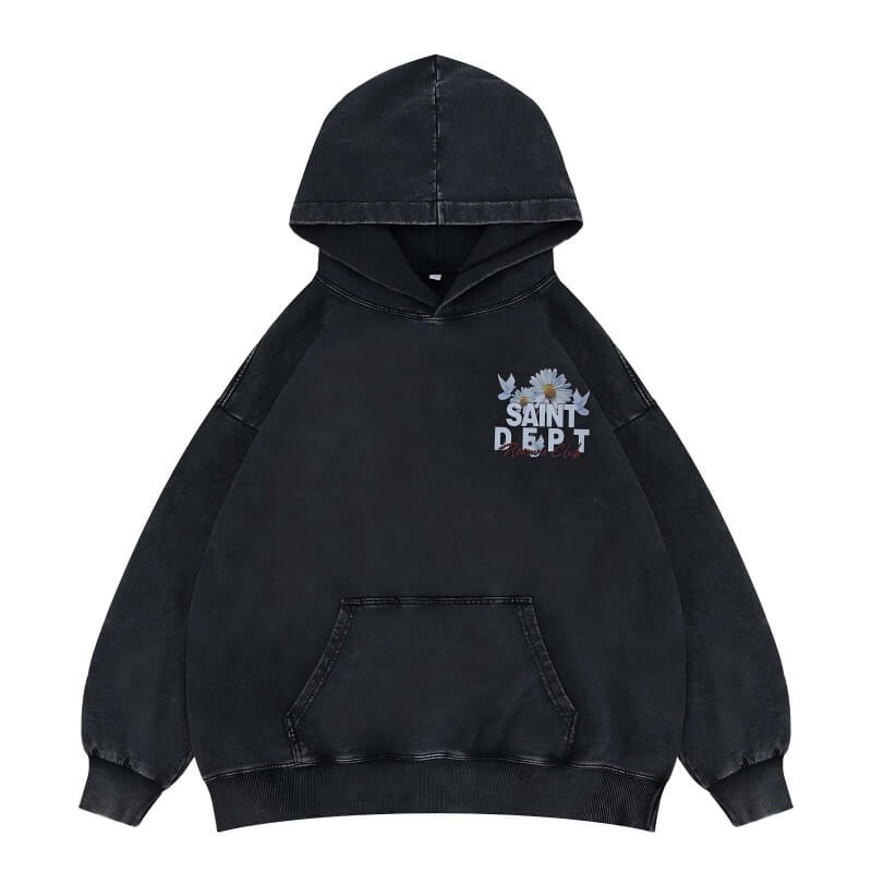 Flat lay of vintage wash saint hoodie.