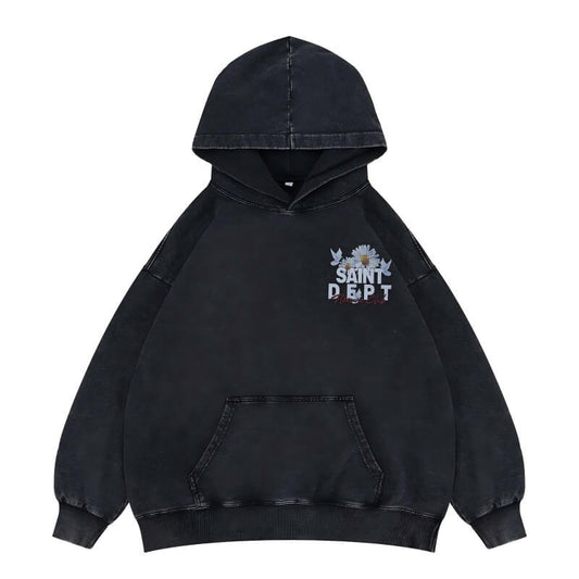 Flat lay of vintage wash saint hoodie.