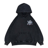 Flat lay of vintage wash saint hoodie.