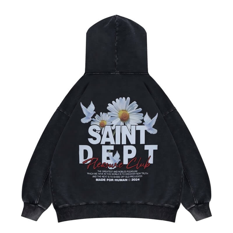 Flat lay vintage washed saint hoodie back view.