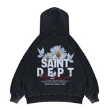 Flat lay vintage washed saint hoodie back view.