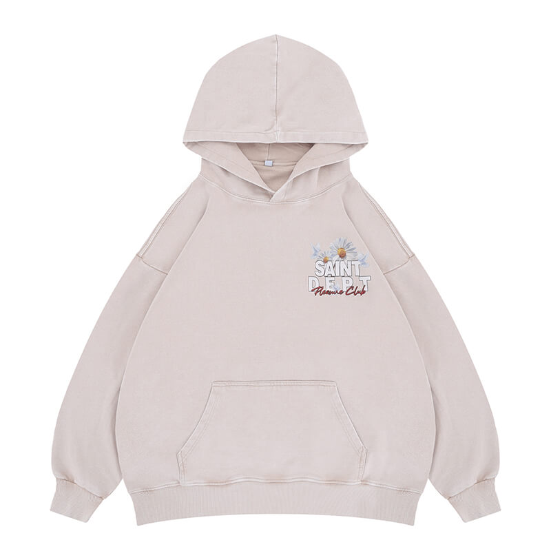 Flat lay of vintage wash saint hoodie.