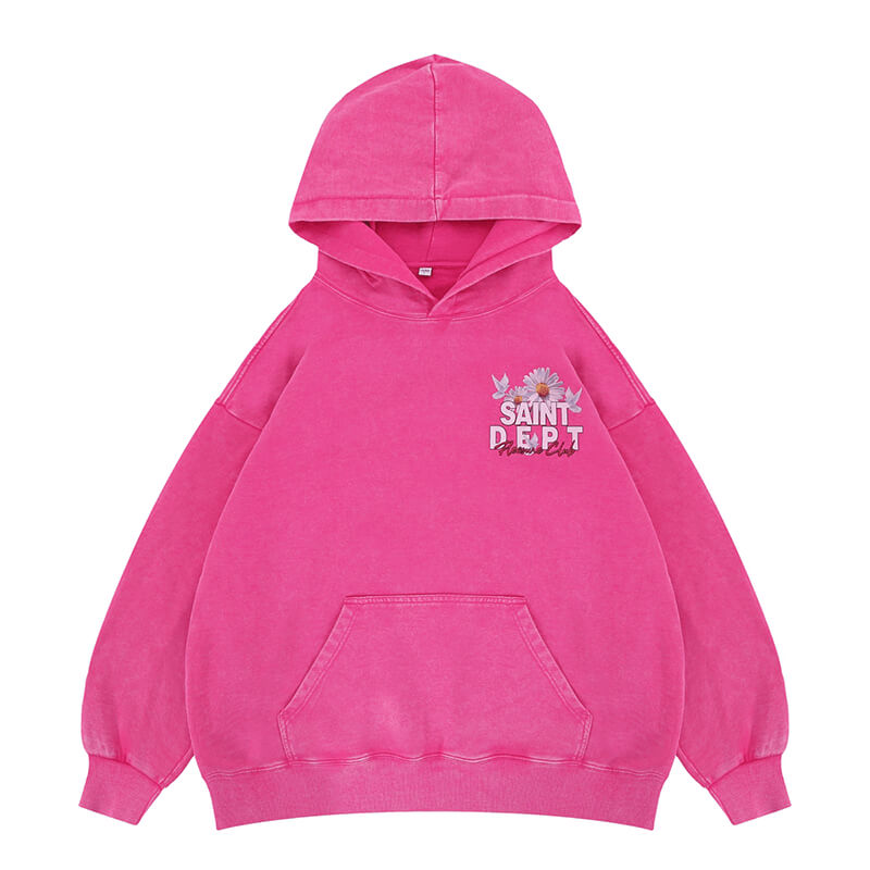 Flat lay of vintage wash saint hoodie.