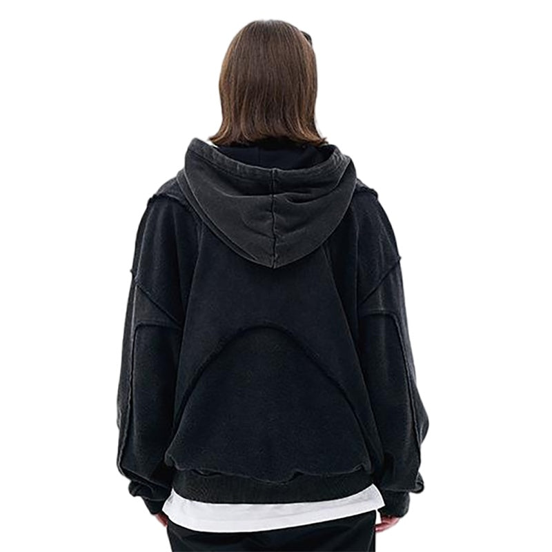 Model wearing vintage washed deconstructed minimalist letter fg graphic hoodie back view.