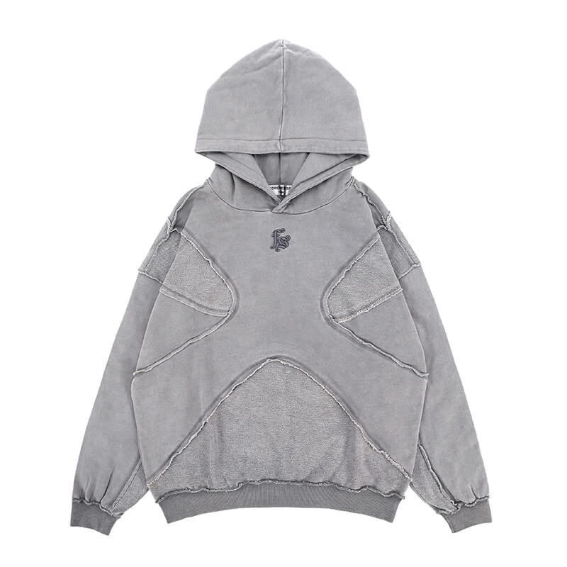 Flat lay of gray vintage washed deconstructed minimalist letter fg graphic hoodie.