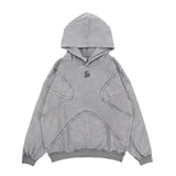 Flat lay of gray vintage washed deconstructed minimalist letter fg graphic hoodie.