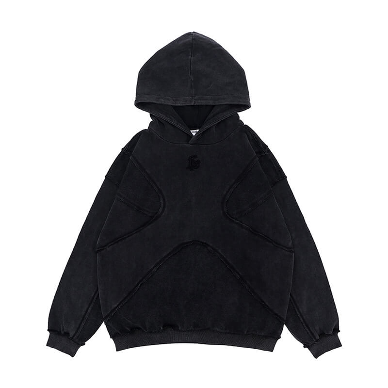 Flat lay of black vintage washed deconstructed minimalist letter fg graphic hoodie.
