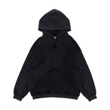 Flat lay of black vintage washed deconstructed minimalist letter fg graphic hoodie.