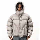 Model wearing front view winter hooded multifunctional warm padded jacket.
