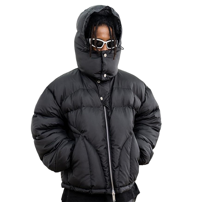 Model wearing front view winter hooded multifunctional warm padded jacket.