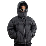 Model wearing front view winter hooded multifunctional warm padded jacket.