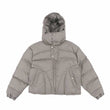 Flat lay of khaki winter hooded multifunctional warm padded jacket.