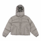 Flat lay of khaki winter hooded multifunctional warm padded jacket.