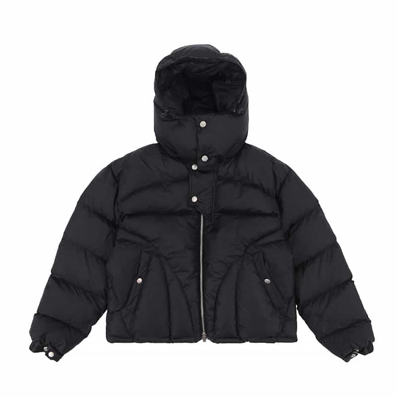 Flat lay of black winter hooded multifunctional warm padded jacket.