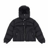 Flat lay of black winter hooded multifunctional warm padded jacket.