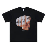 Flat lay of a 'QLACW' logo cotton graphic T-shirt front view
