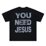 Flat lay of a 'You Need Jesus' slogan cotton graphic T-shirt back view