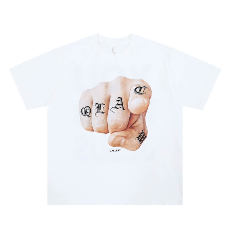 Flat lay of a 'QLACW' logo cotton graphic T-shirt front view