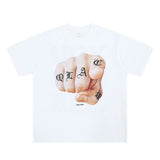 Flat lay of a 'QLACW' logo cotton graphic T-shirt front view