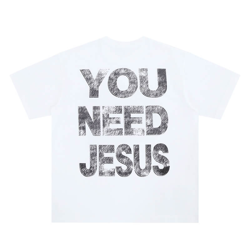 Flat lay of a 'You Need Jesus' slogan cotton graphic T-shirt back view