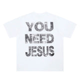 Flat lay of a 'You Need Jesus' slogan cotton graphic T-shirt back view